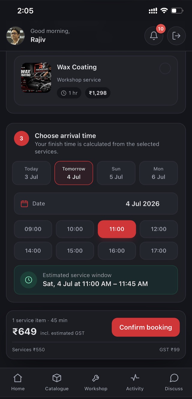 xRAW service booking screen